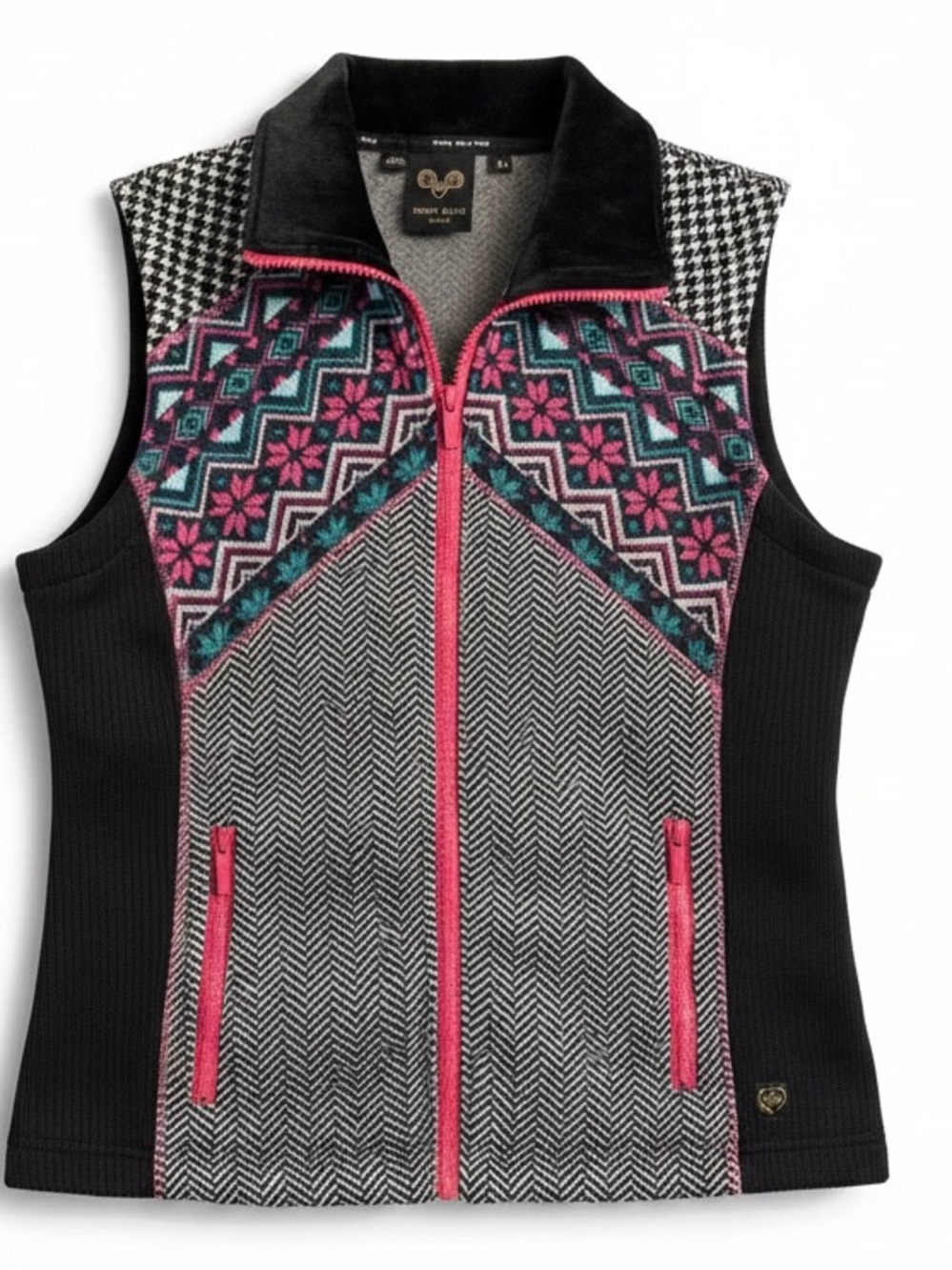 Wooly Bully Vest Womens PM Black Pink NWT Fair Isle Herringbone Full Zip
